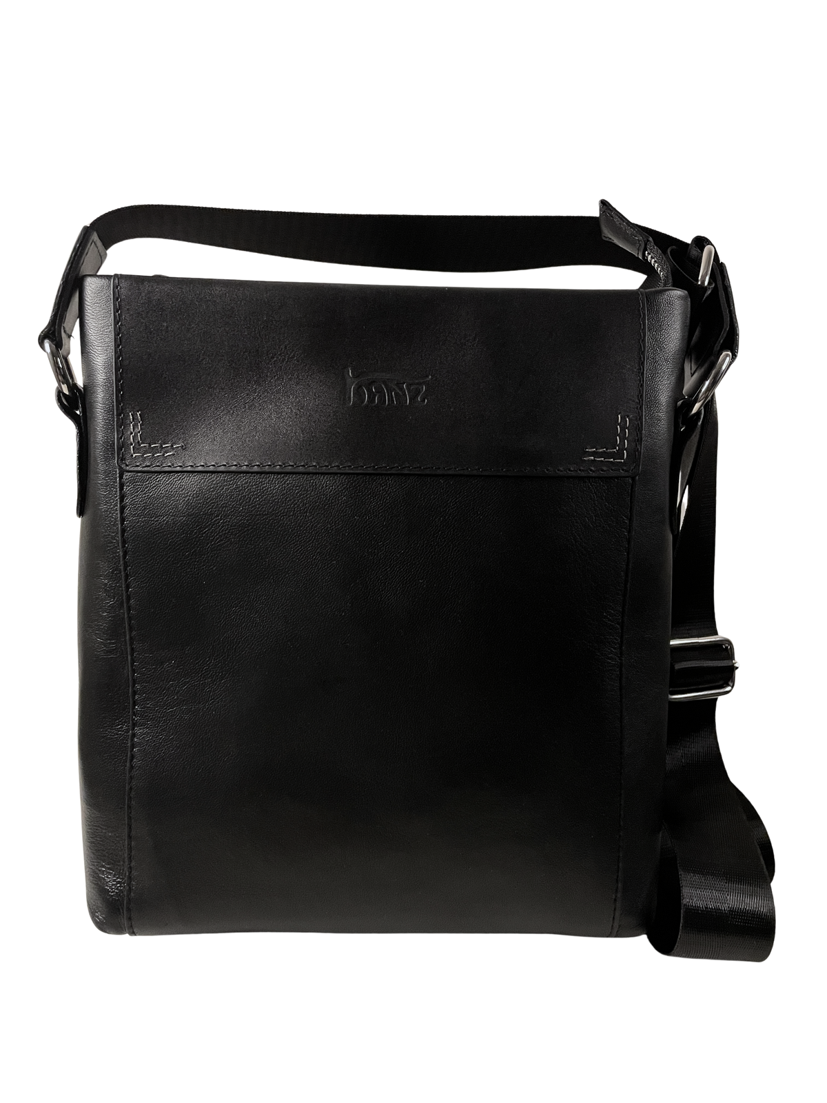 Kanz Rahhal men's leather crossbody bag in black, front view with the adjustable strap, handmade in Cairo
