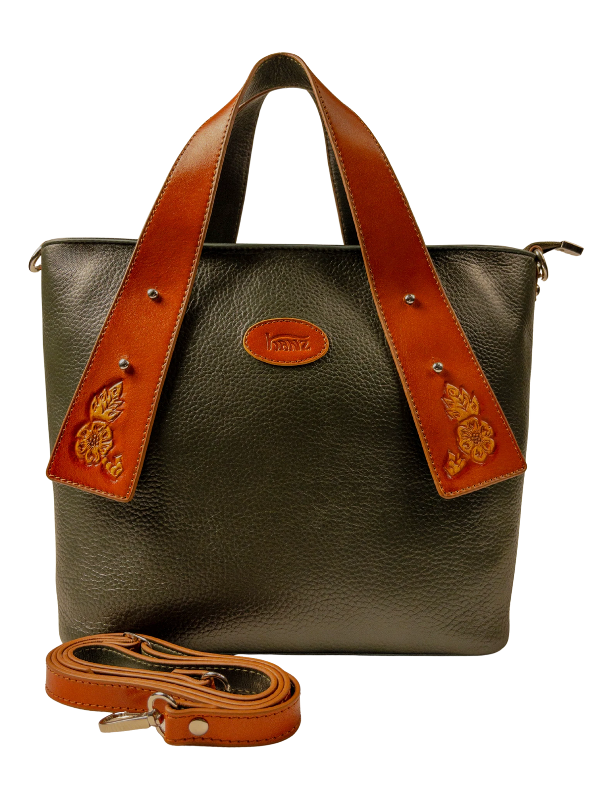 Kanz Wajhan hand-carved leather tote bag in forest green with cognac trim, front view with the detachable strap, handmade in Cairo