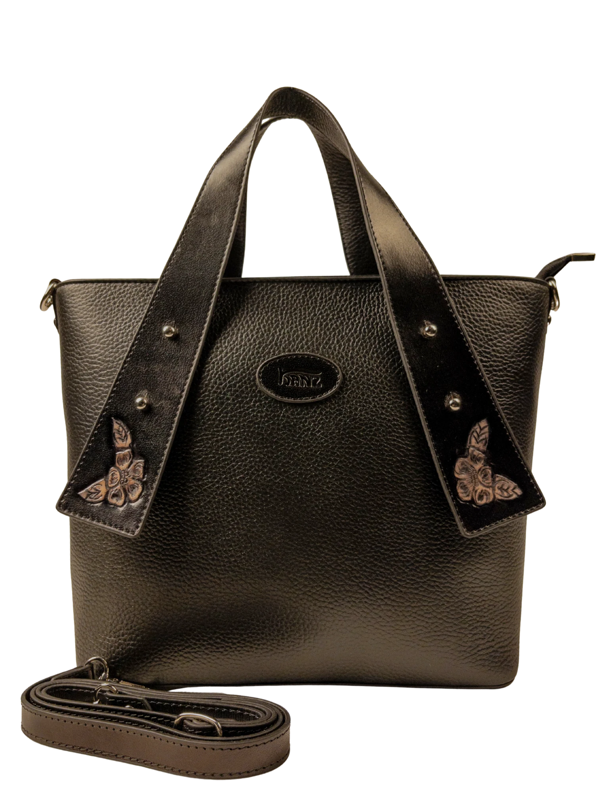 Kanz Wajhan hand-carved leather tote bag in black, front view with the detachable strap, handmade in Cairo