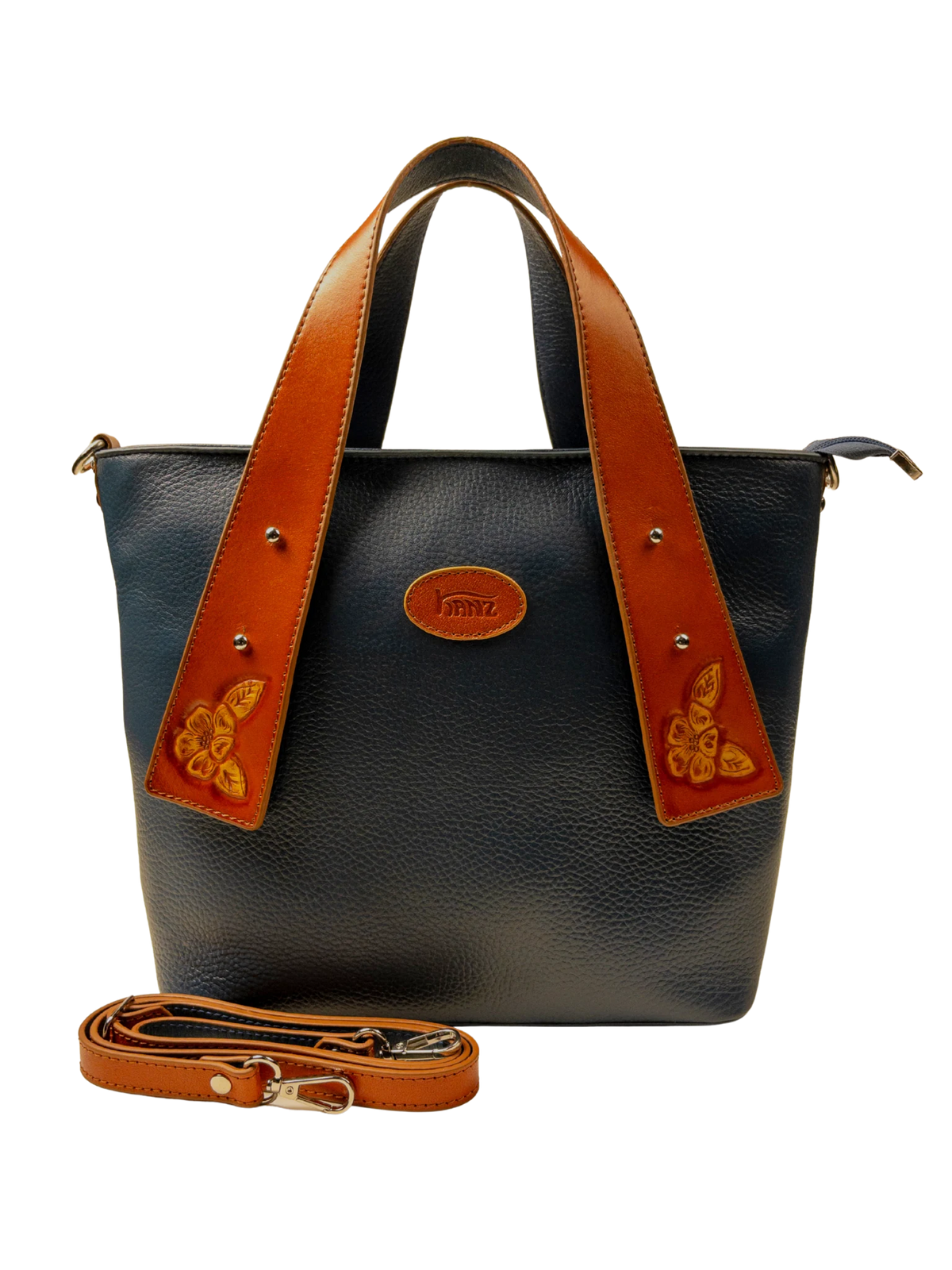 Kanz Wajhan hand-carved leather tote in midnight blue with cognac trim, front view with detachable strap, handmade in Cairo