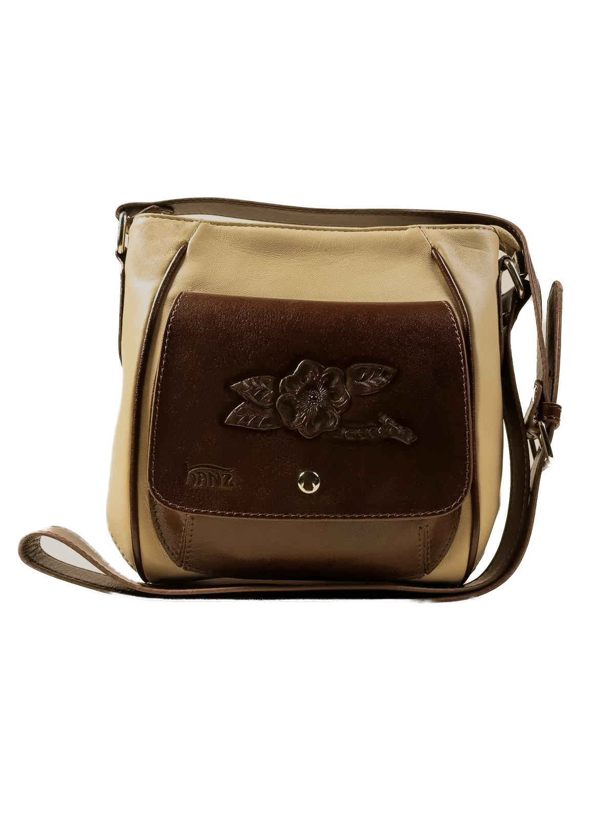 Kanz Lu'lu hand-tooled leather crossbody bag in sand with a brown flap, front view, handmade in Cairo