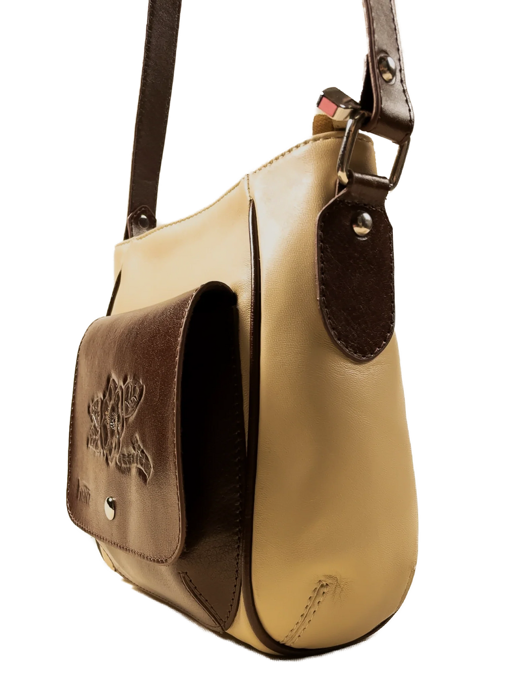 Kanz Lu'lu hand-tooled leather crossbody bag in sand with a brown flap, side profile, handmade in Cairo