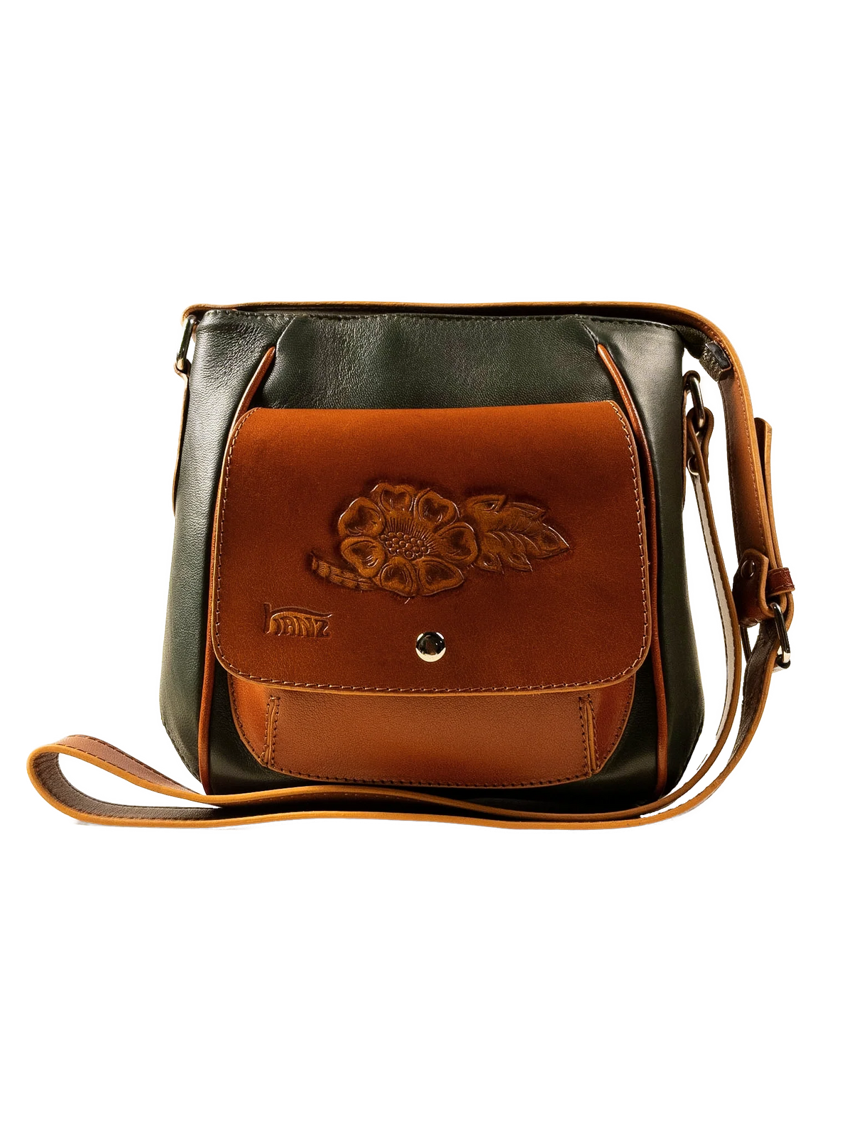 Kanz Lu'lu hand-tooled leather crossbody bag in forest green with a cognac flap, front view, handmade in Cairo
