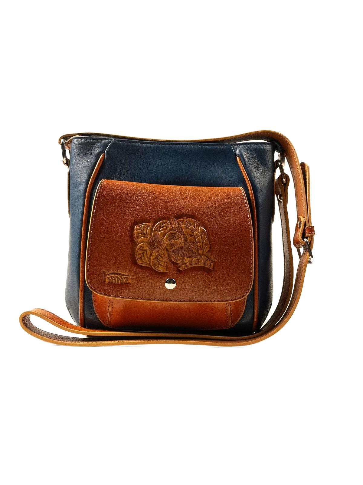 Kanz Lu'lu hand-tooled leather crossbody bag in midnight blue with a cognac flap, front view, handmade in Cairo