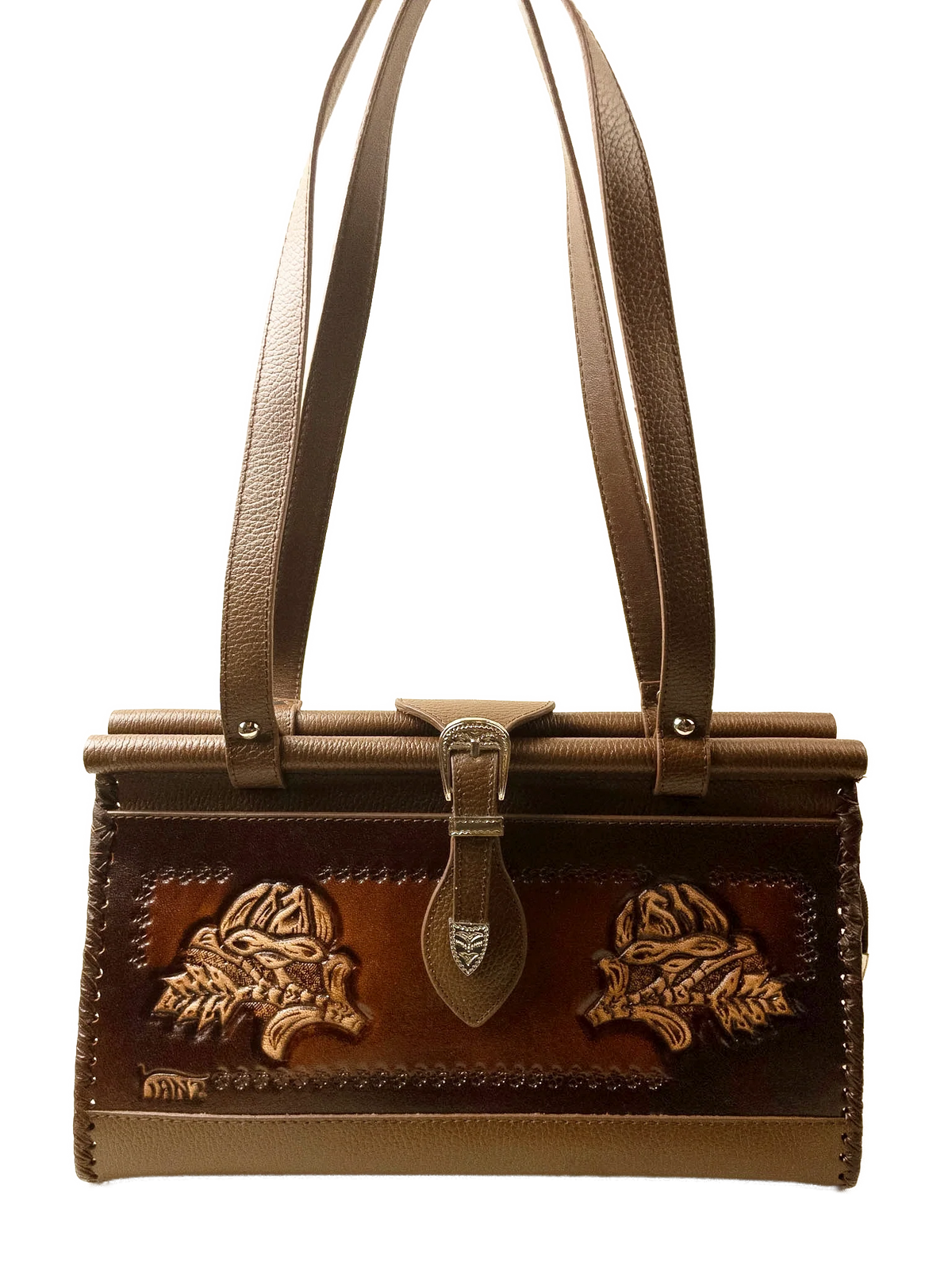 Kanz Farida hand-tooled leather shoulder bag in dark brown, front view on twin straps, handmade in Cairo
