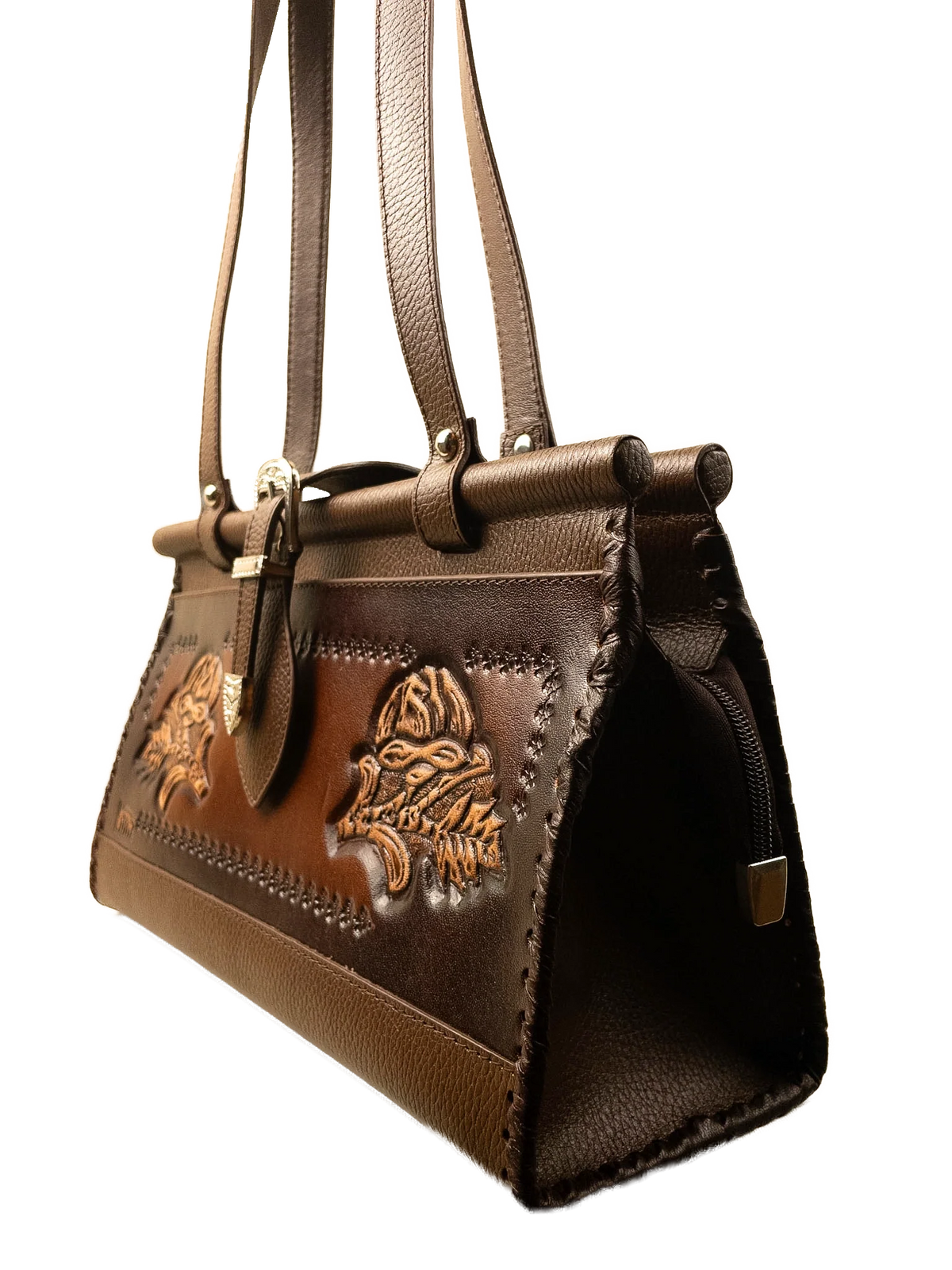 Kanz Farida hand-tooled leather shoulder bag in dark brown, side profile, handmade in Cairo