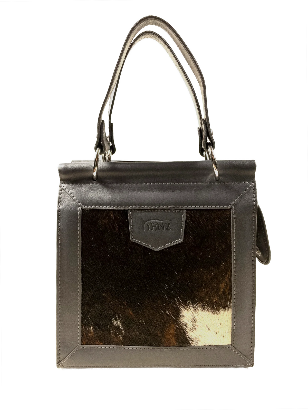 Kanz Hamsa leather top-handle bag in charcoal, front view with the hair-on hide panel, handmade in Cairo