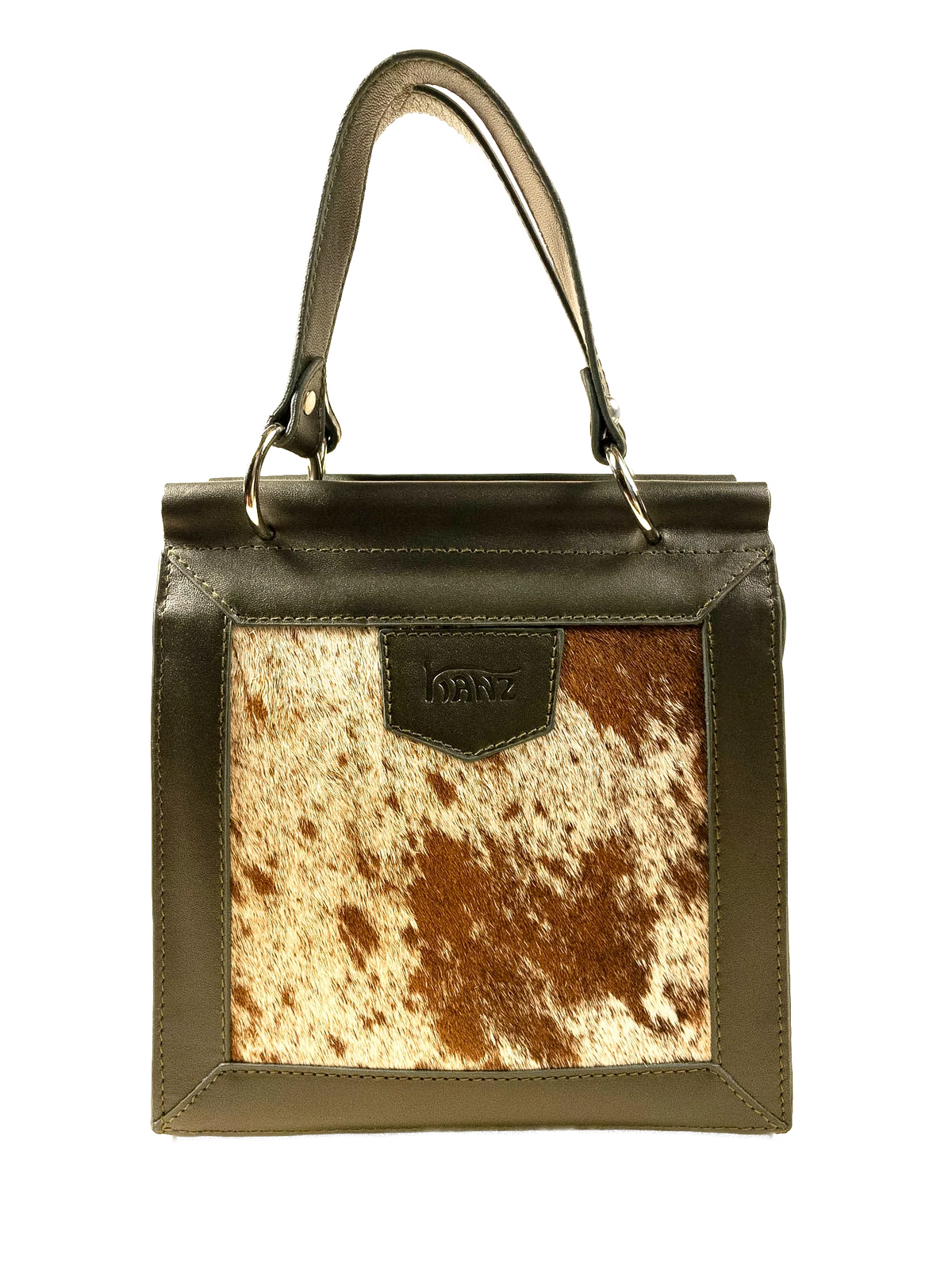 Kanz Hamsa leather top-handle bag in forest green, front view with the hair-on hide panel, handmade in Cairo