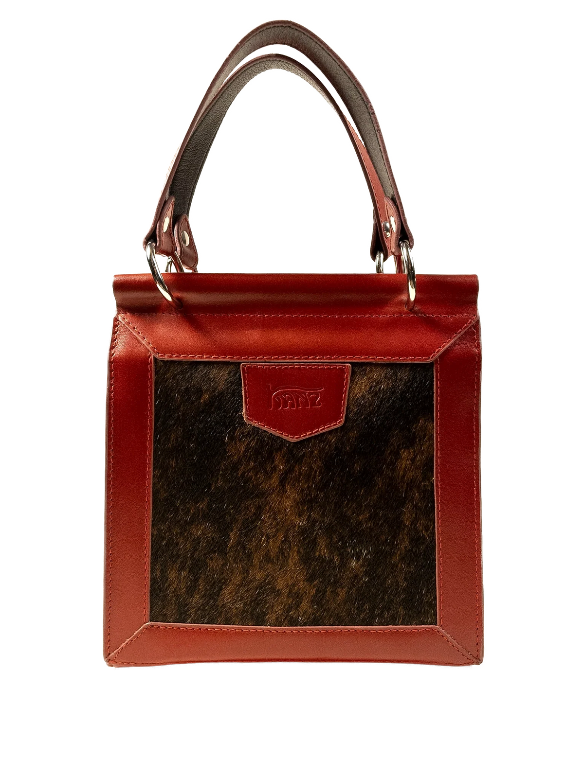 Kanz Hamsa leather top-handle bag in rumman red, front view with the hair-on hide panel, handmade in Cairo
