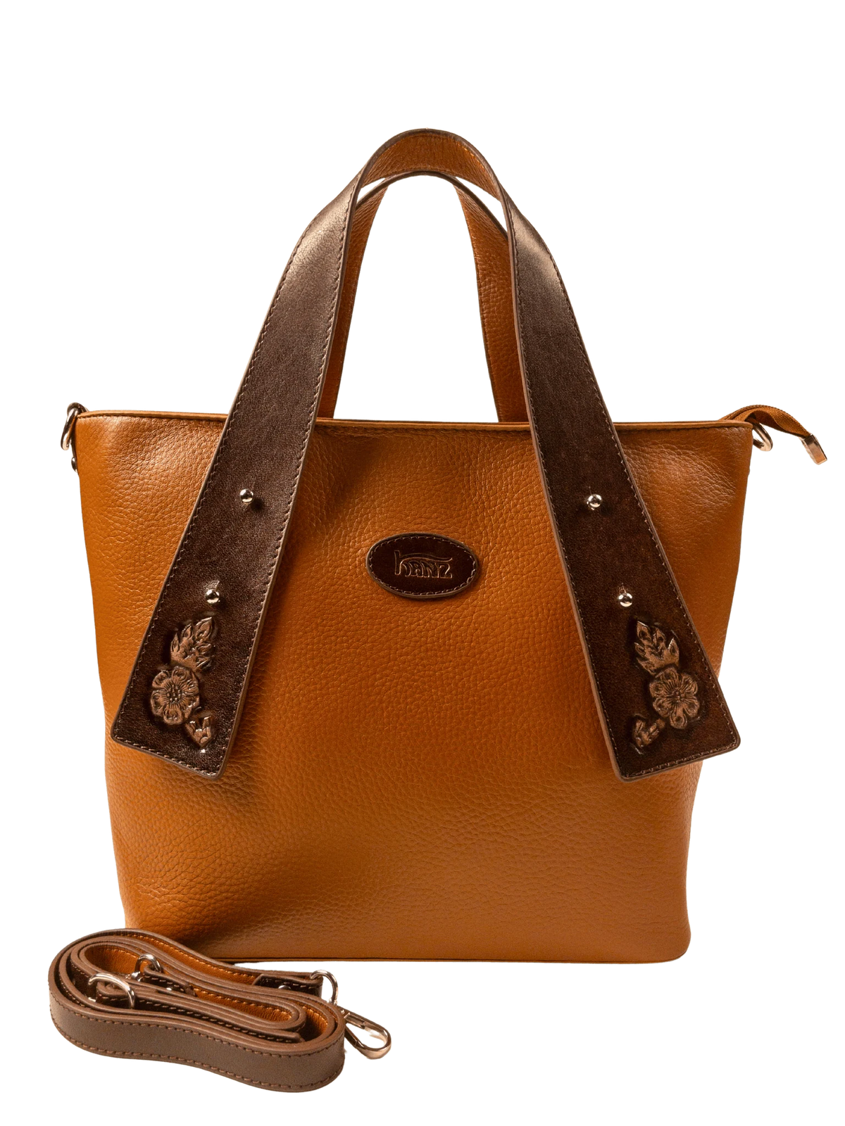 Kanz Wajhan hand-carved leather tote bag in cognac with brown trim, front view with the detachable strap, handmade in Cairo
