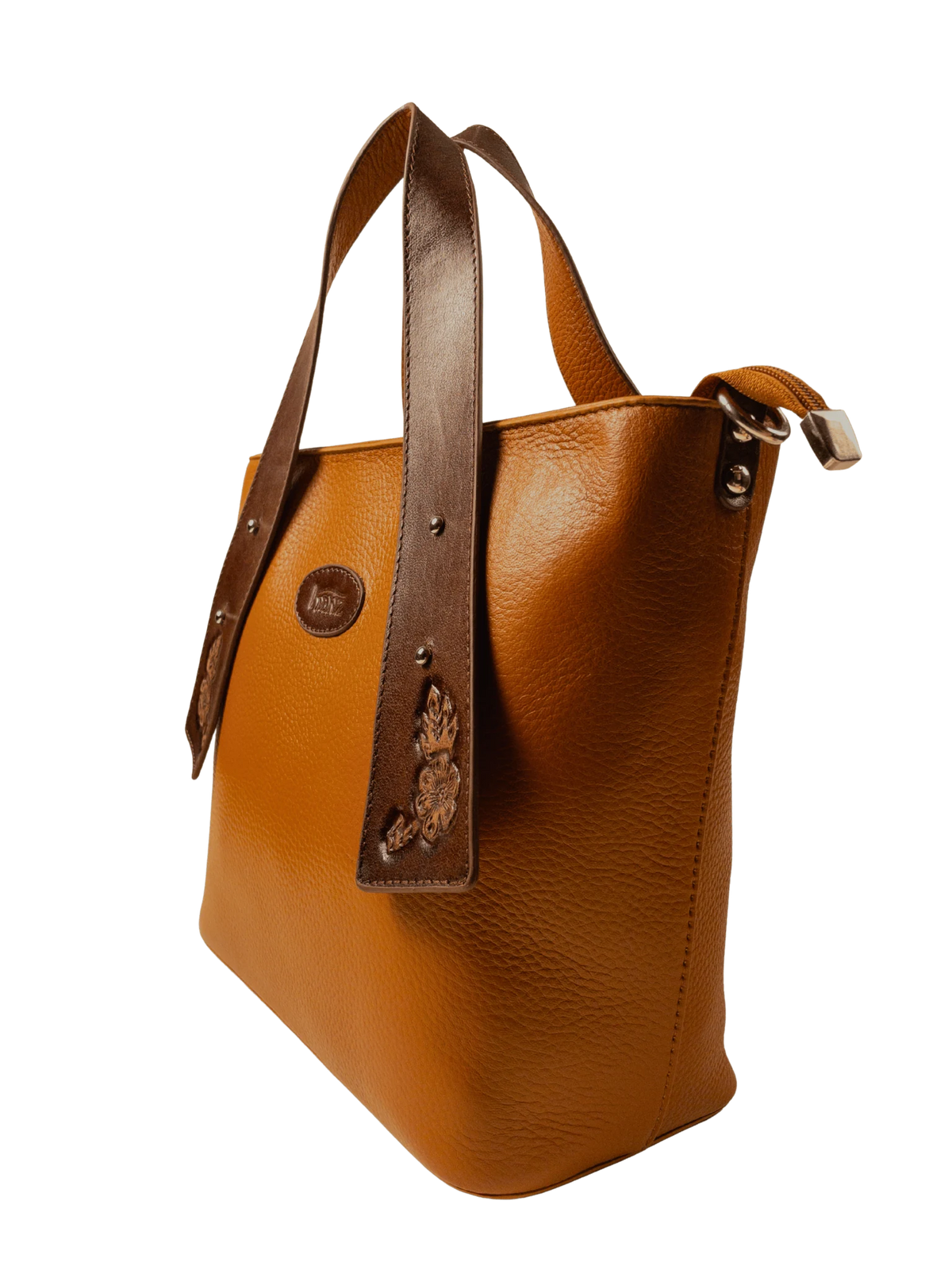 Kanz Wajhan hand-carved leather tote bag in cognac with brown trim, side profile, handmade in Cairo
