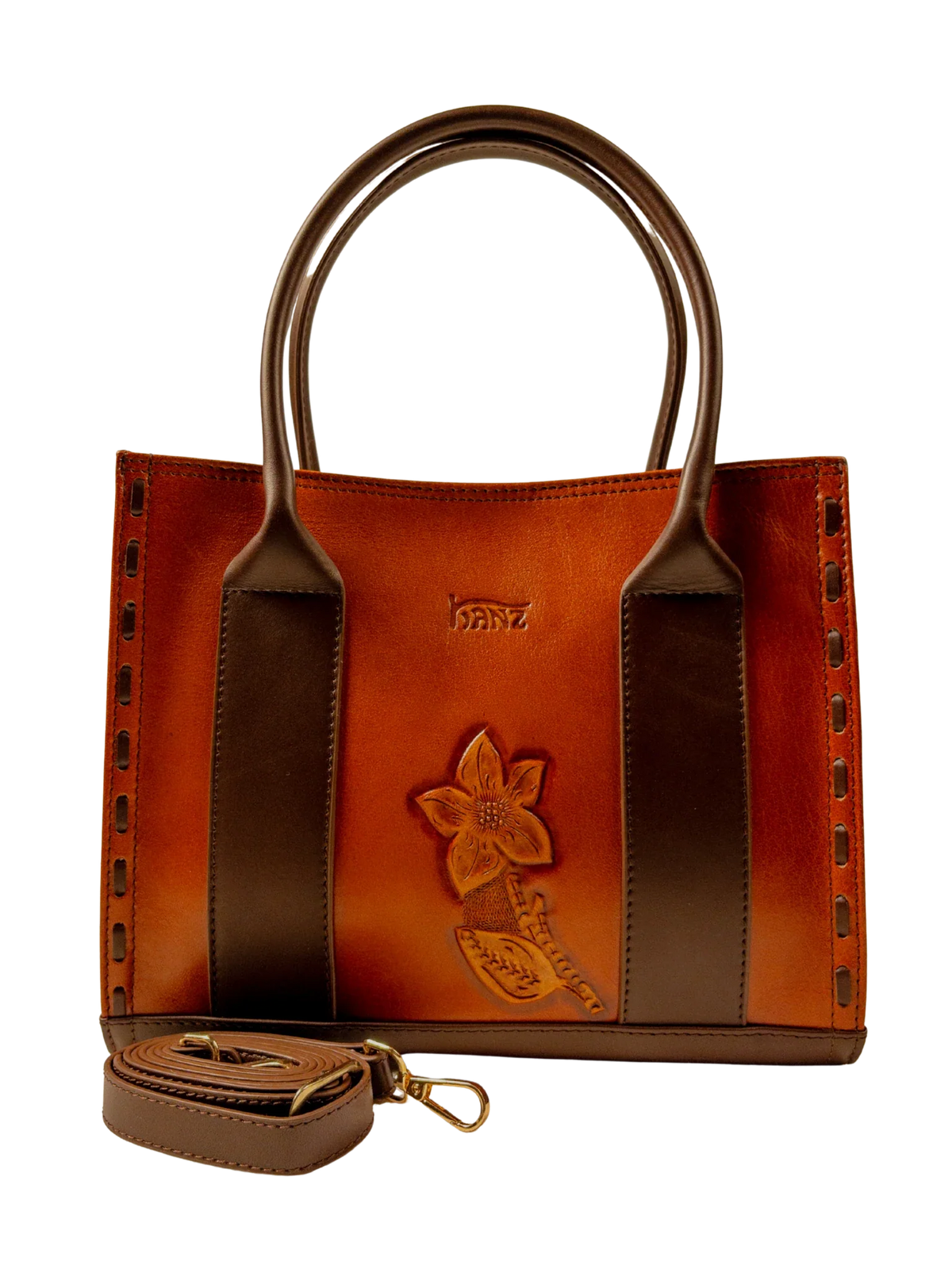 Kanz Naqsh hand-carved leather handbag in cognac with brown handles, front view with the detachable strap, handmade in Cairo