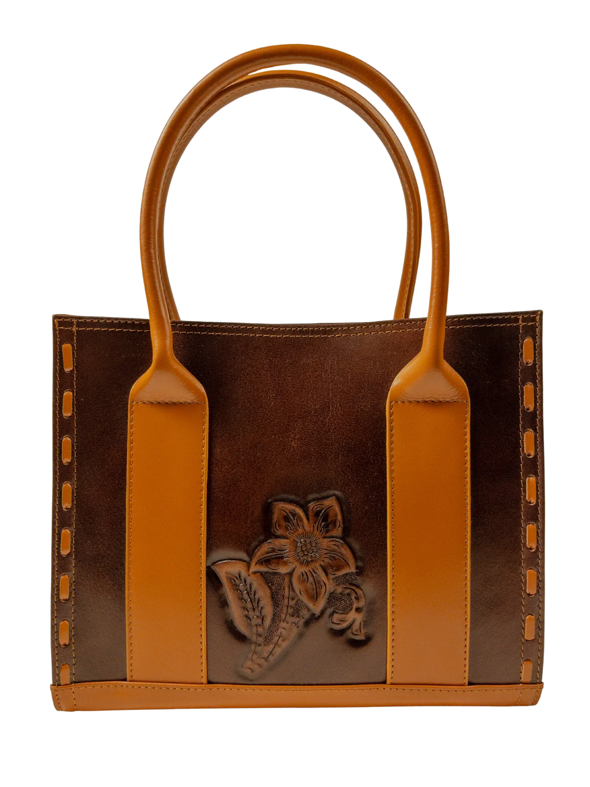 Kanz Naqsh hand-carved leather handbag in brown with cognac handles, back view with the carved motif, handmade in Cairo