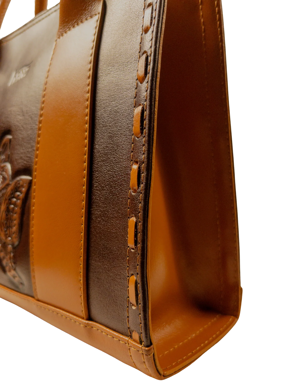 Kanz Naqsh hand-carved leather handbag in brown with cognac handles, laced edge and carved leather, handmade in Cairo