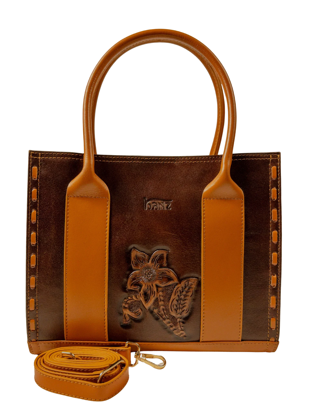 Kanz Naqsh hand-carved leather handbag in brown with cognac handles, front view with the detachable strap, handmade in Cairo