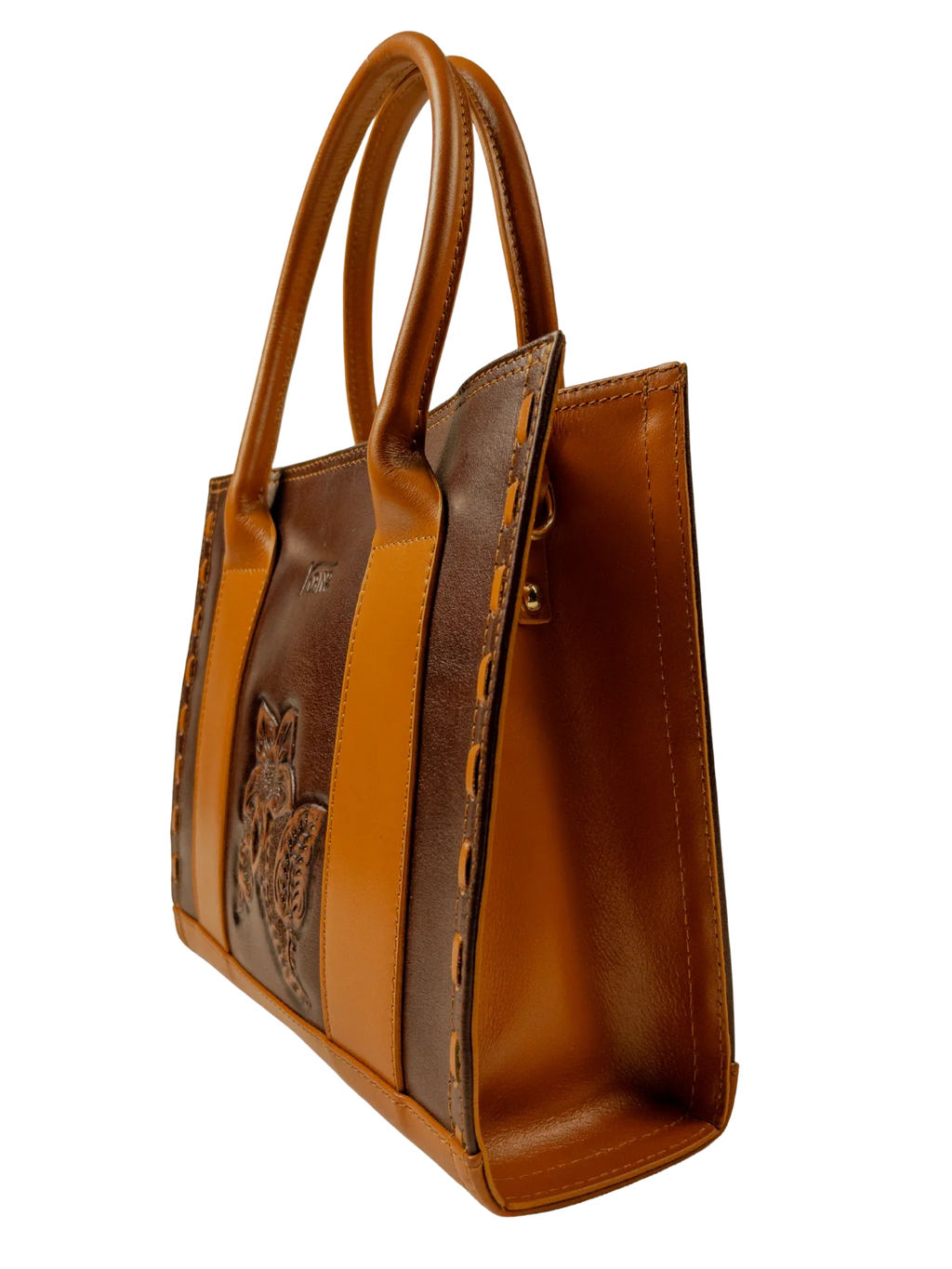 Kanz Naqsh hand-carved leather handbag in brown with cognac handles, side view, handmade in Cairo