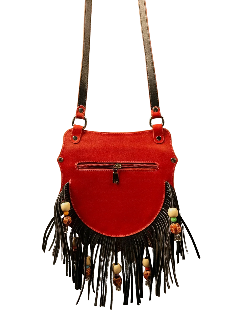 Kanz Shams leather crossbody bag in rumman red with black trim, back view with zip pocket, handmade in Cairo