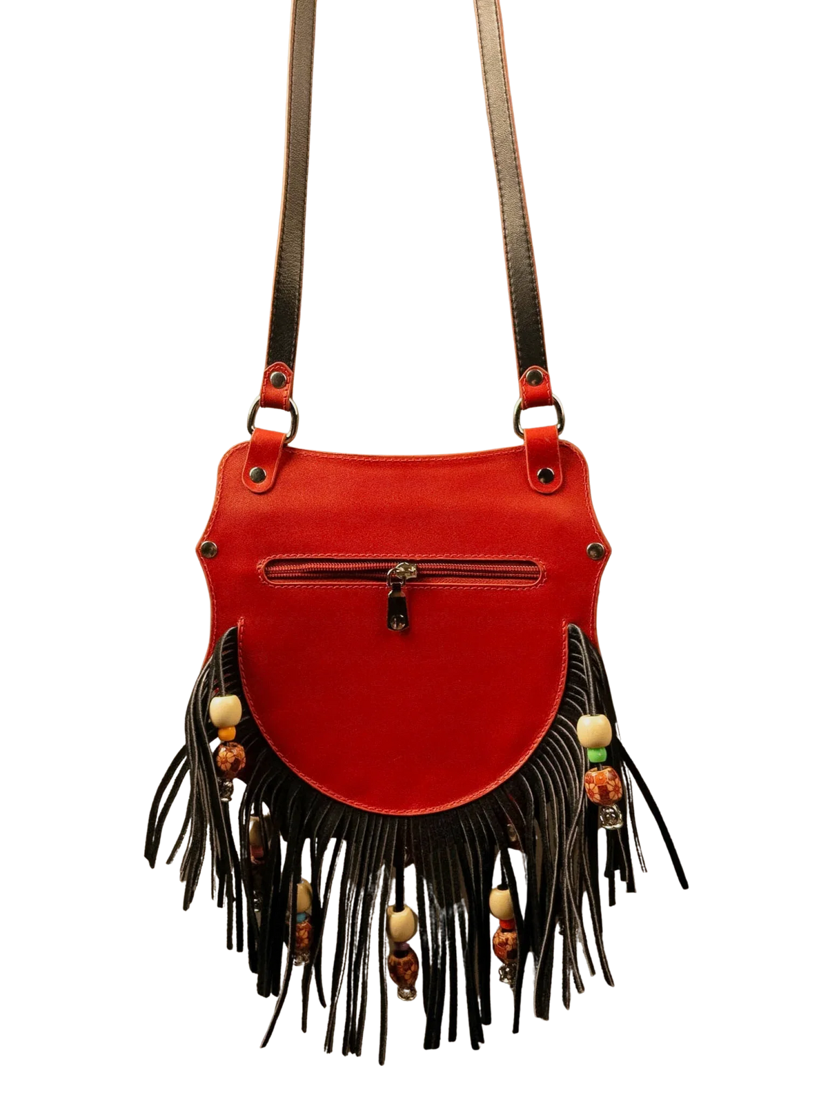 Kanz Shams leather crossbody bag in rumman red with black trim, back view with zip pocket, handmade in Cairo
