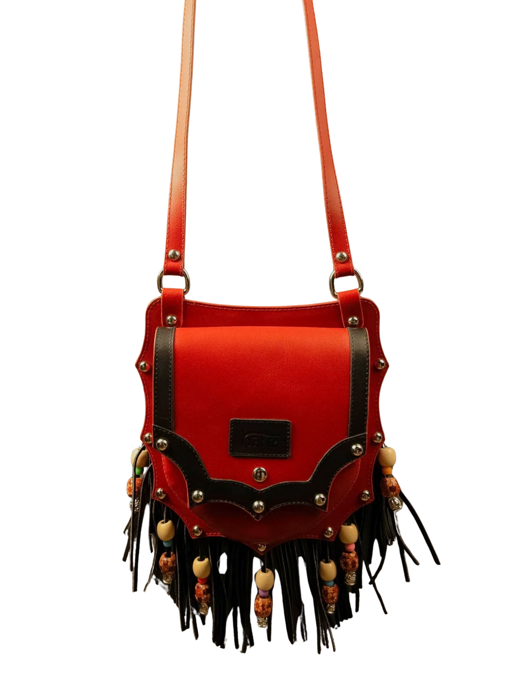 Kanz Shams leather crossbody bag in rumman red with black trim, front view, handmade in Cairo