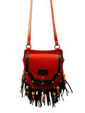 Kanz Shams leather crossbody bag in rumman red with black trim, front view, handmade in Cairo