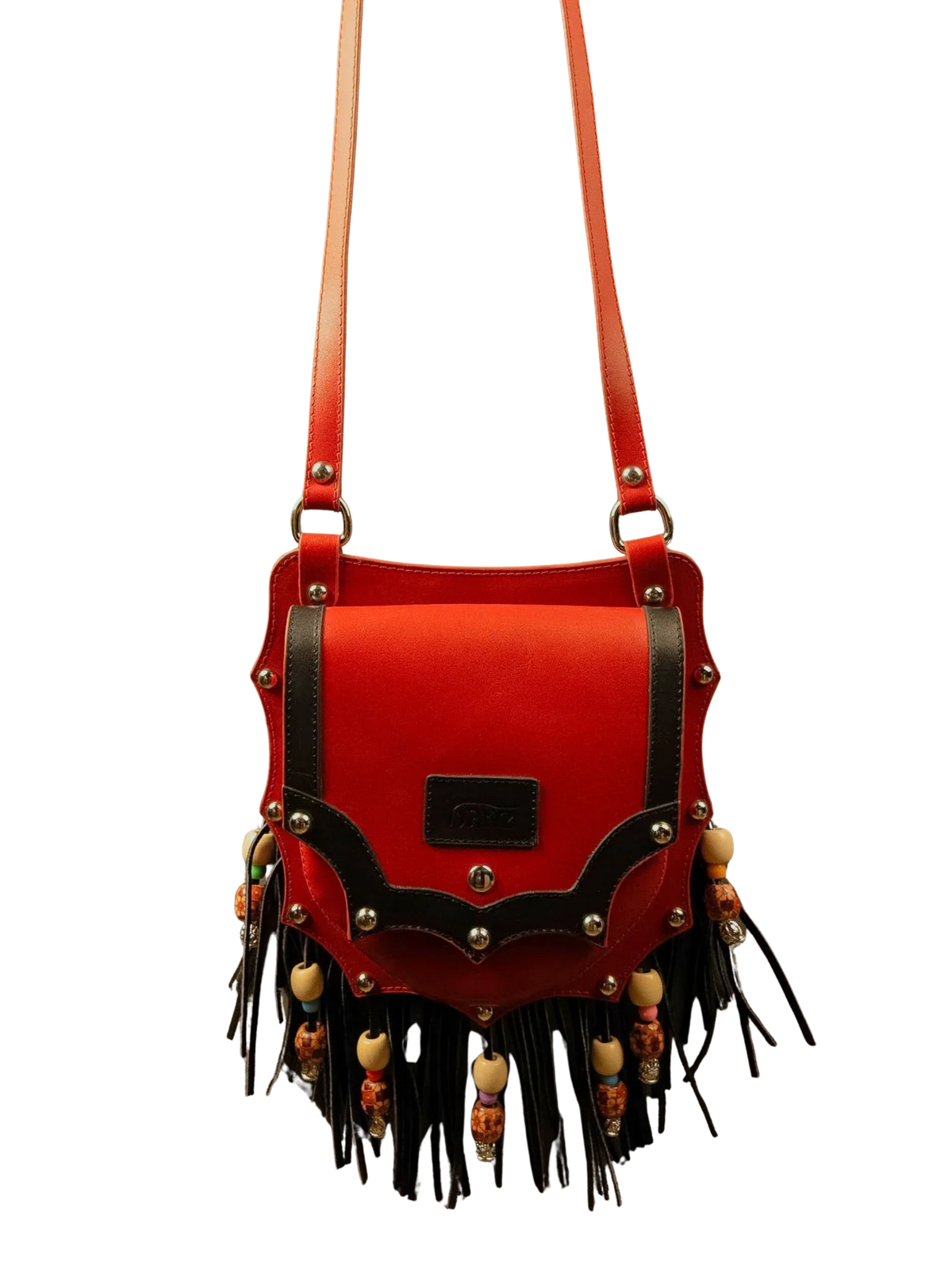 Kanz Shams leather crossbody bag in rumman red with black trim, front view, handmade in Cairo