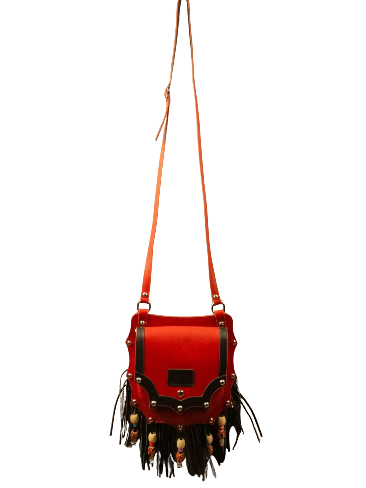 Kanz Shams leather crossbody bag in rumman red with black trim, full length with the strap extended, handmade in Cairo