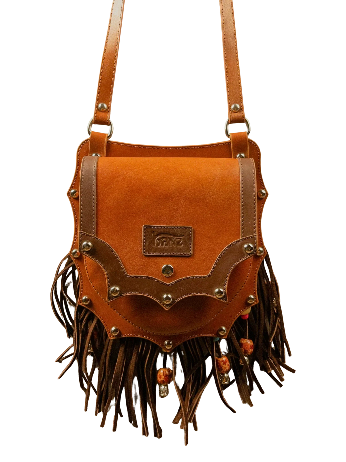 Kanz Shams leather crossbody bag in cognac with brown trim, front view, handmade in Cairo