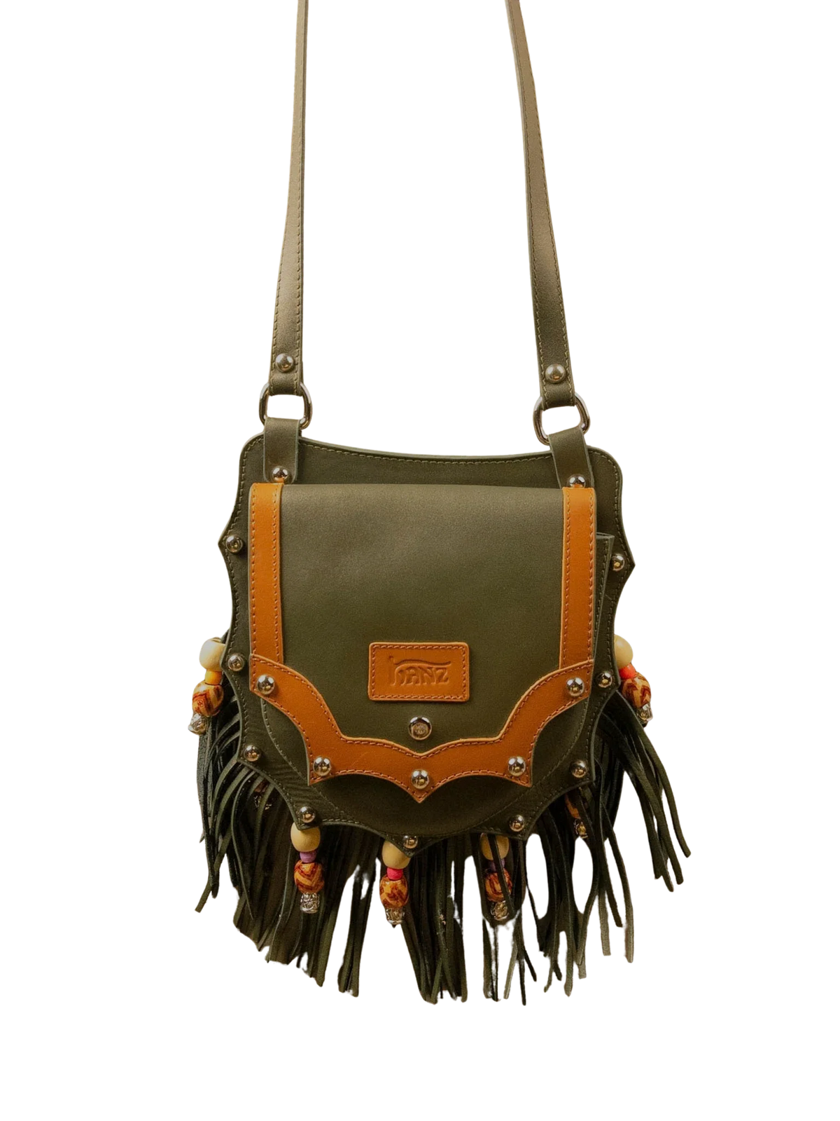Kanz Shams leather crossbody bag in forest green with cognac trim, front view, handmade in Cairo