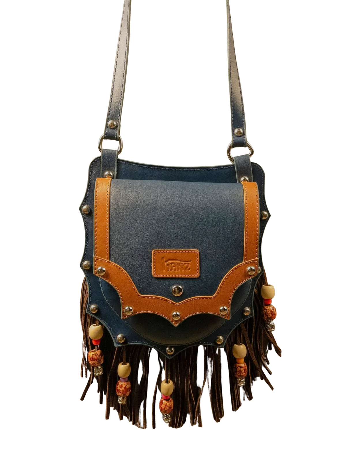 Kanz Shams leather crossbody bag in midnight blue with cognac trim, front view, handmade in Cairo
